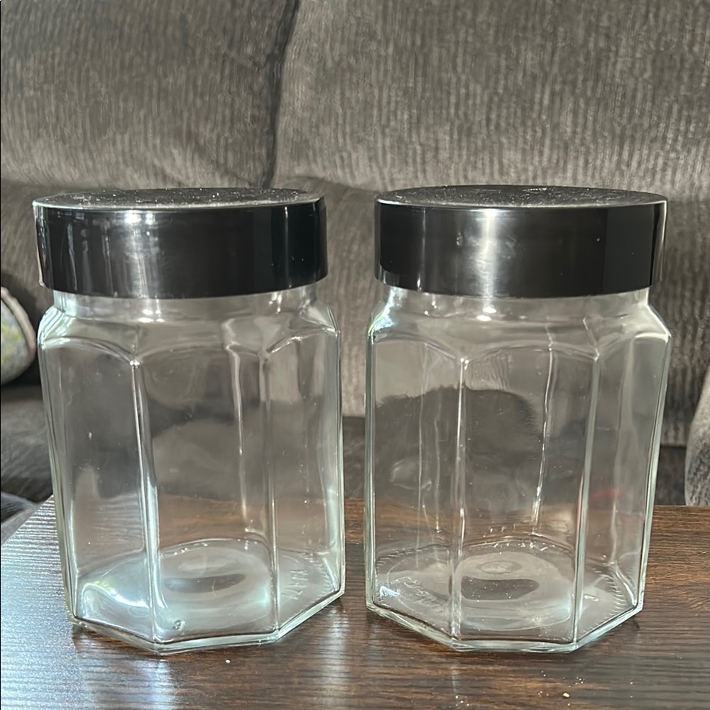 🔥🔥2 VINTAGE COVETRO ITALY ITALIAN GLASS FOOD STORAGE JAR BLACK PLASTIC LID